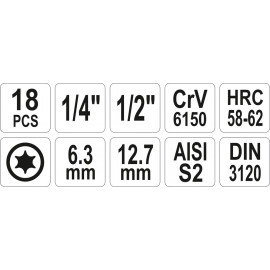 Набір головок торцевих з насадками TORX YATO : квадрат 1/2"-1/4". TORX T10-T60. 18 Шт. [10]