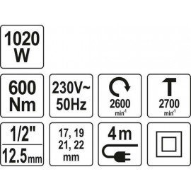 Гайковерт ударний мережевий YATO: 1/4" HEX x 1/2" F, 1020Вт, 600Нм, 2600 об/хв +4 головки і кейс YT-82021