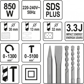 Перфоратор мережевий SDS+ з змінним патроном P= 850 Вт Yato YT-82122