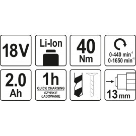 Шуруповерт-дриль акумуляторний YATO : 18V, Li-Ion, 2 Агод, KM- 40 Нм, патрон Ø≤13 мм YT-82780