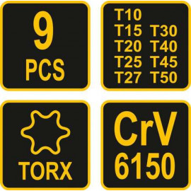 Набір ключів TORX VOREL : тип "Т", Т10-T50, L= 100-200 мм, Cr-V 6150, 9 шт [12/24]