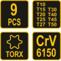 Набір ключів TORX VOREL : тип "Т", Т10-T50, L= 100-200 мм, Cr-V 6150, 9 шт [12/24]