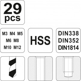 Набір мітчиків YATO : Ø= M3,М4,М5,М6,М8,М10,М12 мм; кпл. 29 шт. YT-2977