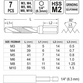 Набір свердл-мітчиків YATO М3-М10, HSS М2, HEX-1/4", з подовжувачем l= 60 мм, 7 шт [5/60]