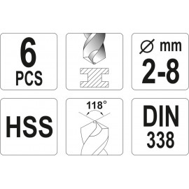 Свердла по металу YATO : HSS, Ø= 2-8 мм. Набір 6 Шт. [15/60]