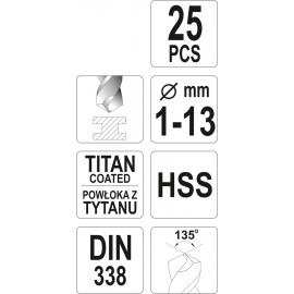 Свердла по металу титанові YATO : HSS-TiN Ø= 1-13 мм. (Набір/25 Шт.) [5/20]