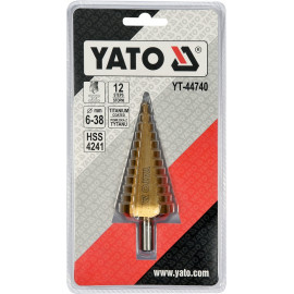 Свердло конічне ступінчасте титанове по металу YATO : Ø= 6-38 мм, HSS 4241, L= 105 мм [10/60/1440]