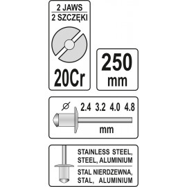 Заклепочник ручний YATO для нітів Ø= 2,4; 3,2; 4,0; 4,8 мм, l= 250 мм [6/24]