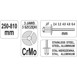 Заклепочник "гармошка" YATO для нітів Ø=2.4; 3.2; 4.0; 4.8; 6.4 мм, l=240-810 мм [10]