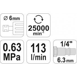 Шліфмашина пневматична, пряма YATO зі сполуч. Ø=1/4", роб. тиск- 6,3Bar, витр. повітря-113 л/хв [20]