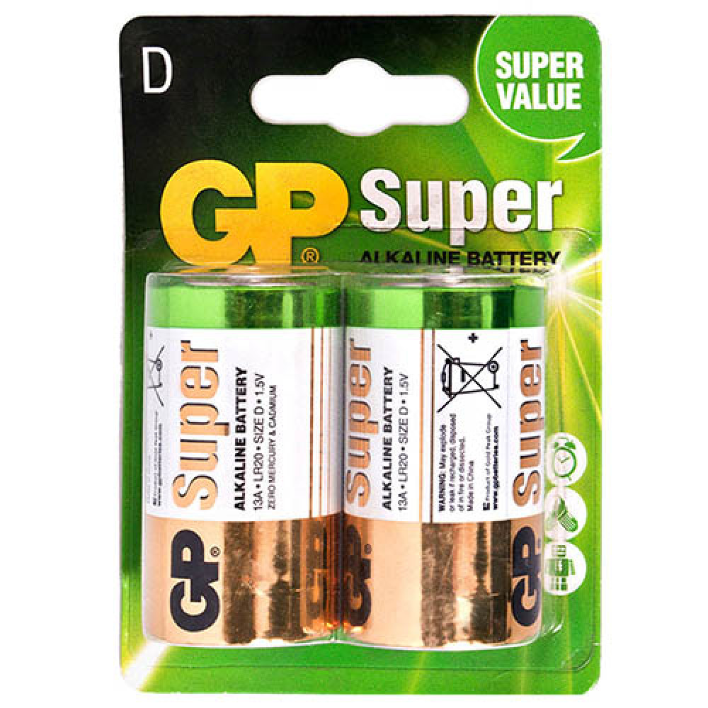 Батарейка GP SUPER ALKALINE 1.5V 13A-U2 щелочная, LR20, D, блистер