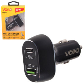 Автомобильное зарядное устройство VOIN 63W, 1USB QC3.0 18W + 1PD 45W, 12/24V