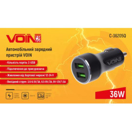 Автомобильное зарядное устройство VOIN 36W, 2USB QC3.0, 12/24V (3.6-6.5V/3A; 6.5-9V/2A; 9V-12V/1.5)