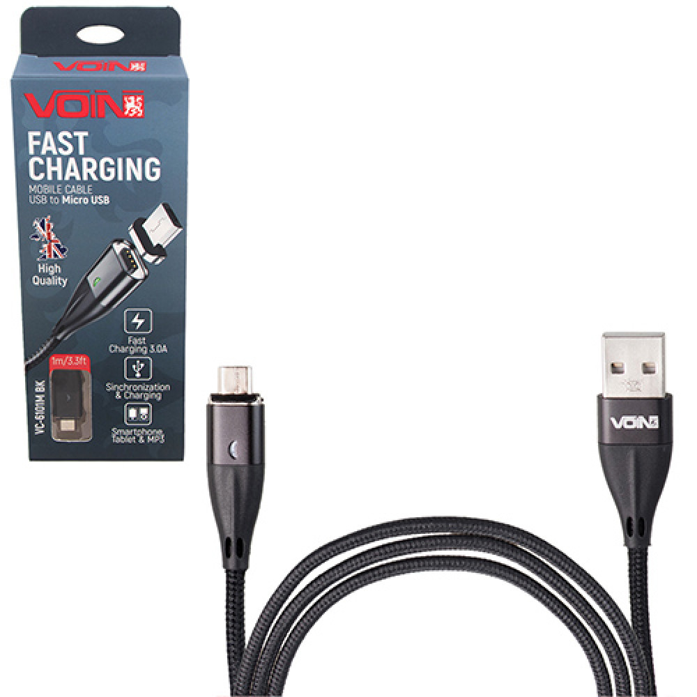 Кабель  магнитный VOIN USB - Micro USB 3А, 1m, black (быстрая зарядка/передача данных)