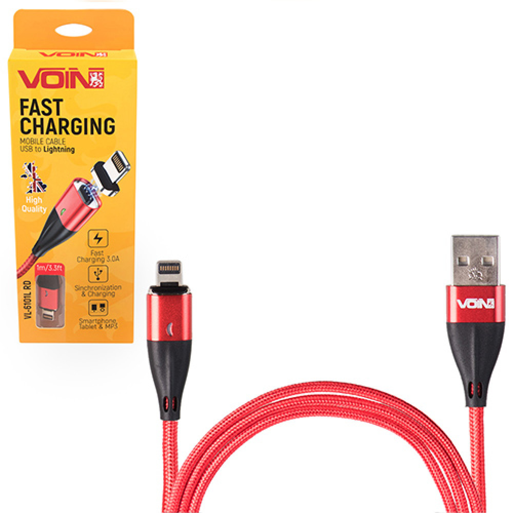 Кабель  магнитный VOIN USB - Lightning 3А, 2m, red (быстрая зарядка/передача данных)