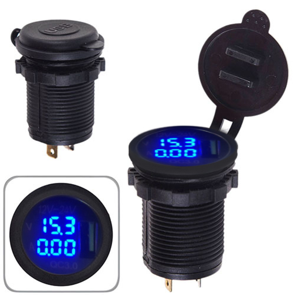 Автомобильное зарядное USB 5V2.1A +Вольтметр+Aмперметр в планку 12-24V (10621 USB-12-24V 2.1A Blue)