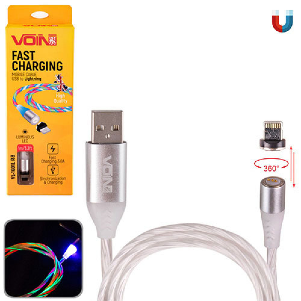 Кабель  магнитный Multicolor LED VOIN USB - Lightning 3А, 1m, (быстрая зарядка/передача данных)