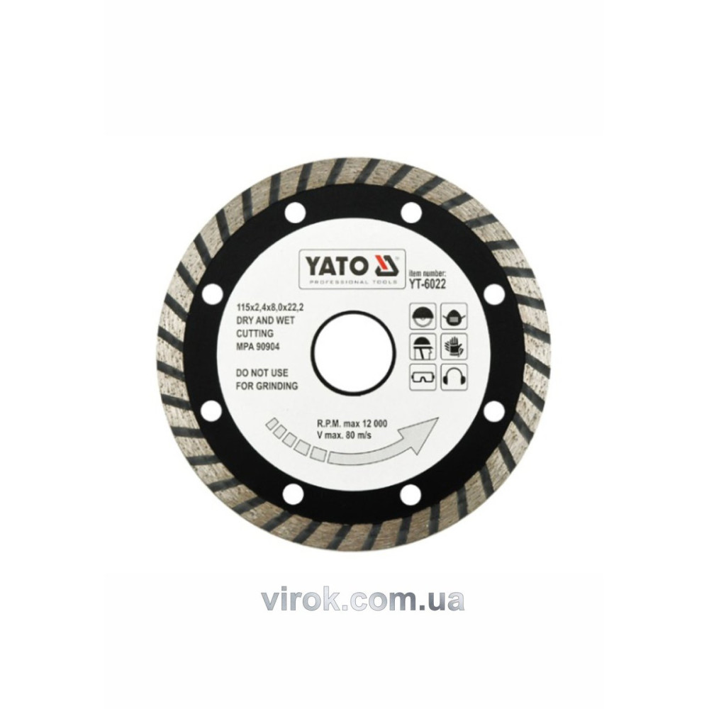 Диск алмазный турбо YATO: "TURBO" Ø= 115x8,0x22,2 мм. H=2,4 мм YT-6022