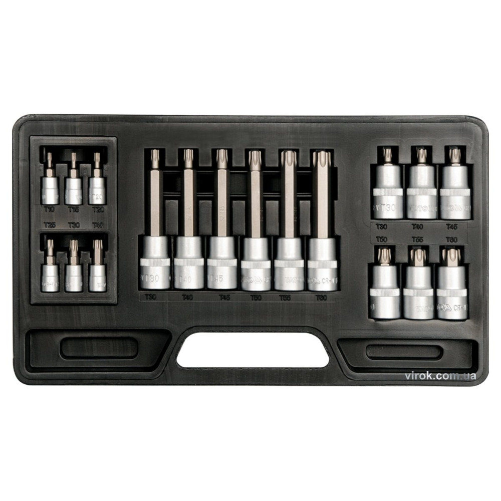Набір головок торцевих з насадками TORX YATO : квадрат 1/2"-1/4". TORX T10-T60. 18 Шт. [10]