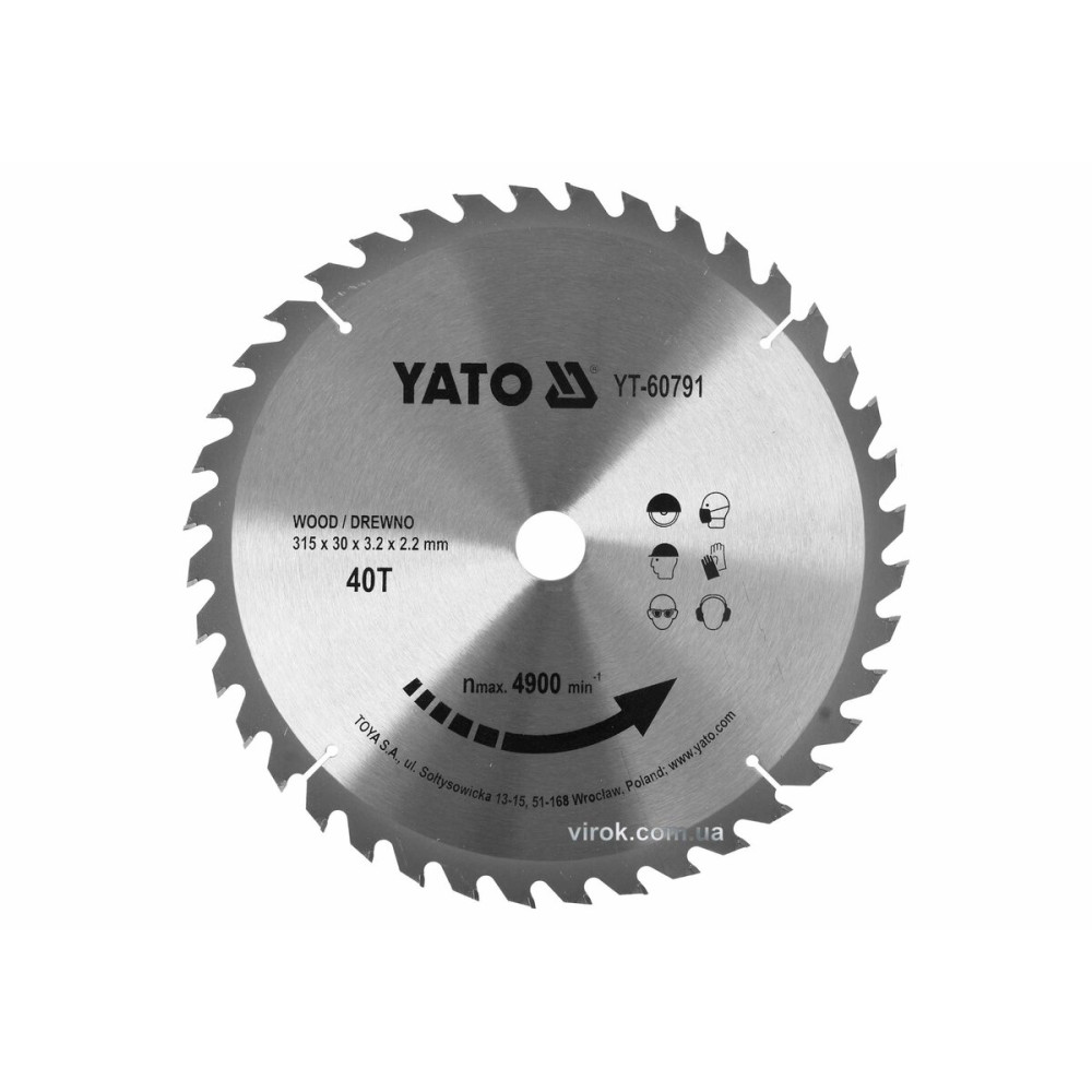 Диск пиляльний победітовий по дереву YATO: 315x30x3.2x2.2 мм, 40 зубців, R.P.M до 4900 1/хв [10]