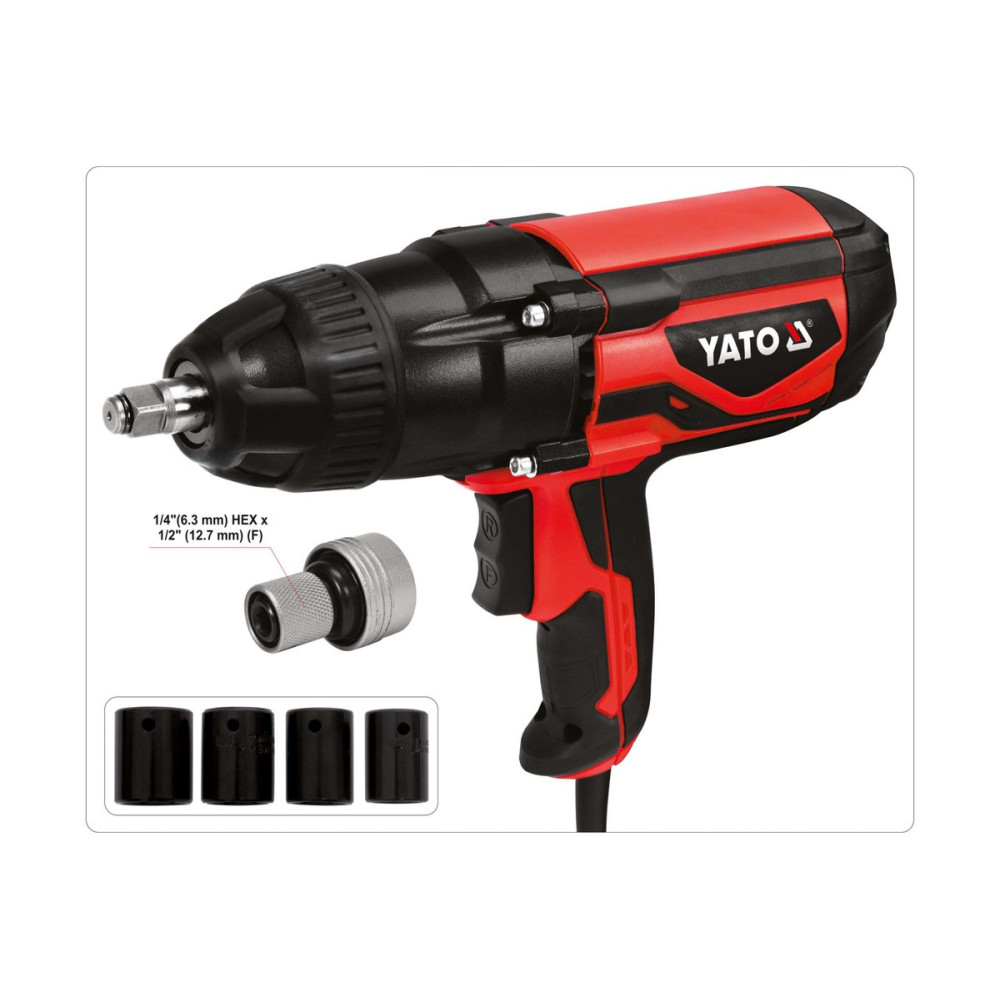 Гайковерт ударний мережевий YATO: 1/4" HEX x 1/2" F, 1020Вт, 600Нм, 2600 об/хв +4 головки і кейс YT-82021