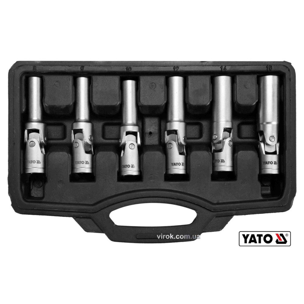 Ключі торцеві для свічок розжарювання YATO : 3/8", 8-16 мм, на шарнірі, Cr-V, 6 шт + кейс [10]