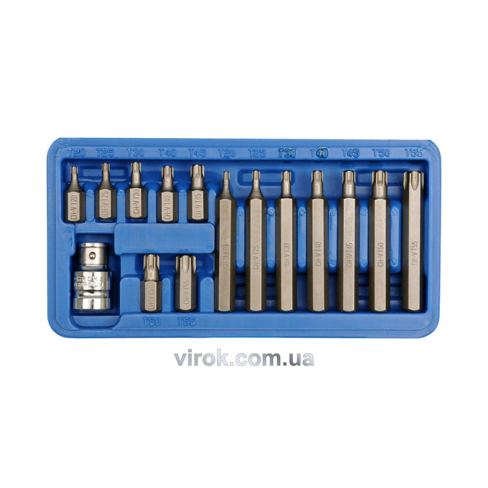 Насадки викруткові VOREL : адаптер квадрат 1/2", "TORX" T20-T55, 30 -75 мм, CrV. Набір 15 шт. [20]