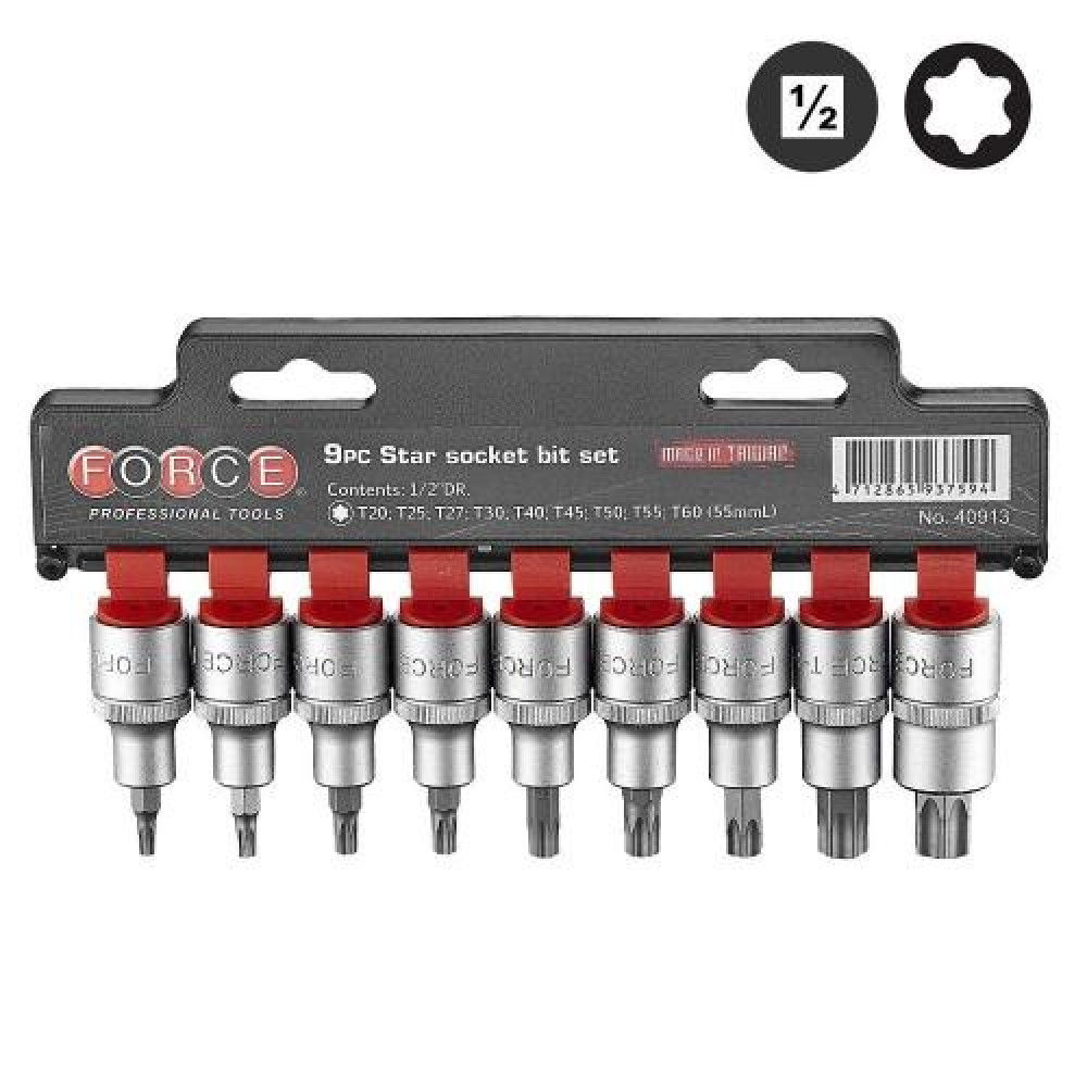 1/2" Набор головок-бит Е-профиль (Torx) 9 пр., L=55 мм (FORCE 40913)
