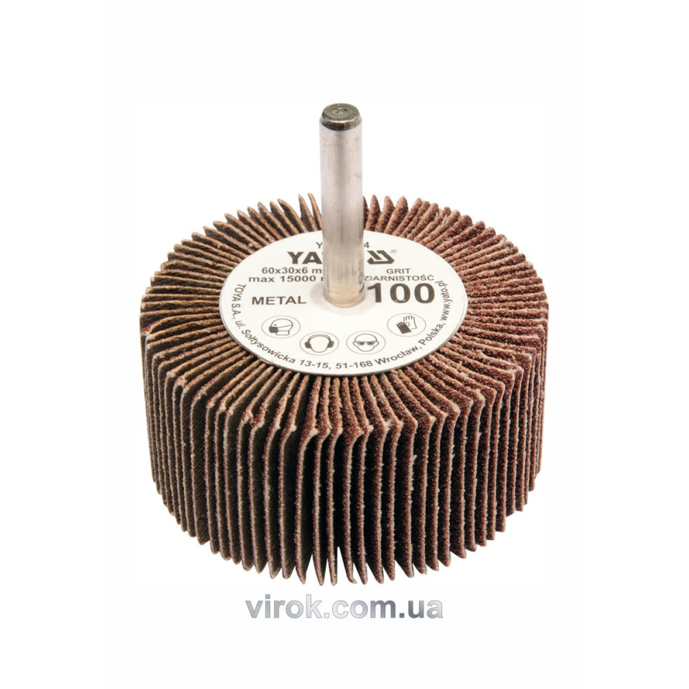 Круг пелюстковий шліфувальний YATO : подовжений Ø= 60 мм К80, шпиндель Ø= 6 мм, H= 30 мм [10/60]