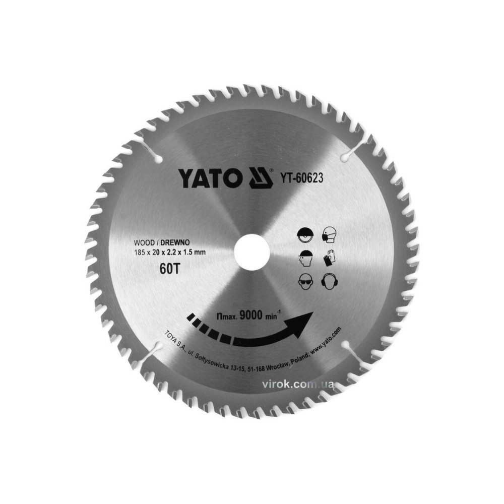Диск пиляльний победітовий по дереву YATO: 185x20x2.2x1.5 мм, 60 зубців, R.P.M до 9000 об/хв(DW)