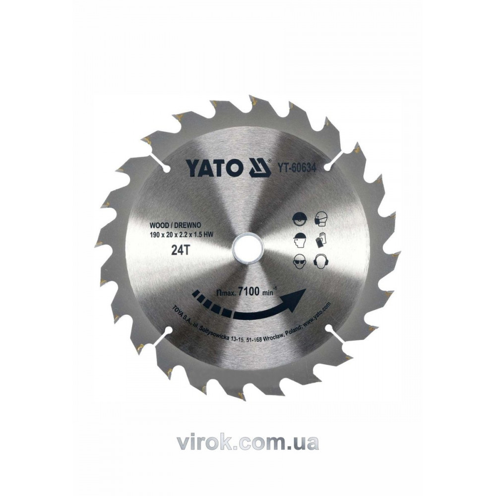 Диск пиляльний победітовий по дереву YATO: 190х20x2.2x1.5 мм, 24 зубці, R.P.M. до 7100 1/хв [10]