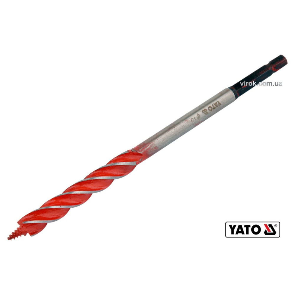 Свердло по дереву YATO : Ø= 10 мм, L= 165 мм, HRC 40-45 з 4 пругами, HEX- 1/4" [100]