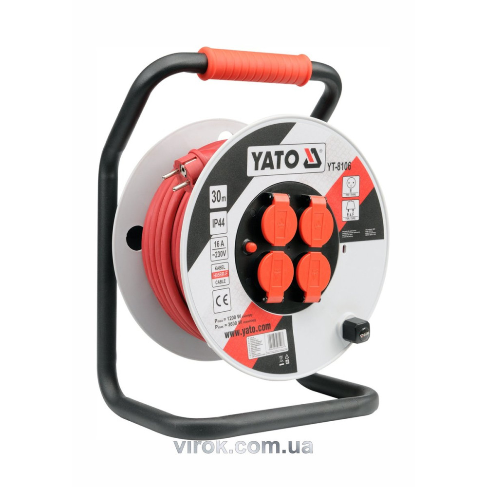 Подовжувач мережевий YATO на котушці : L= 50 м. 3-жильний  S= 2,5 мм² YT-8108