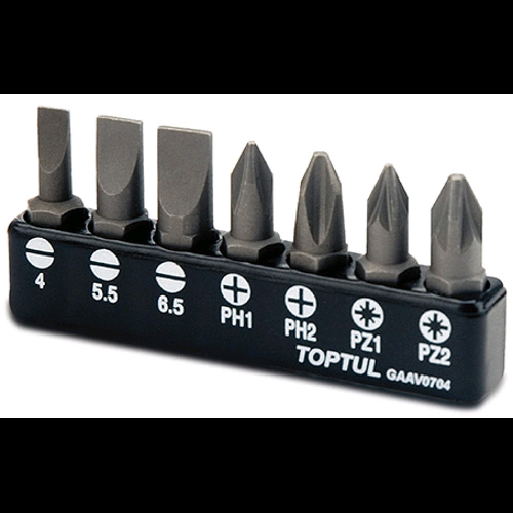 Набор бит TOPTUL 1/4" 7ед. (SL: 4*0.5, 5.5*1, 6.5*1.2; PH1, PH2; PZ1, PZ2) GAAV0704