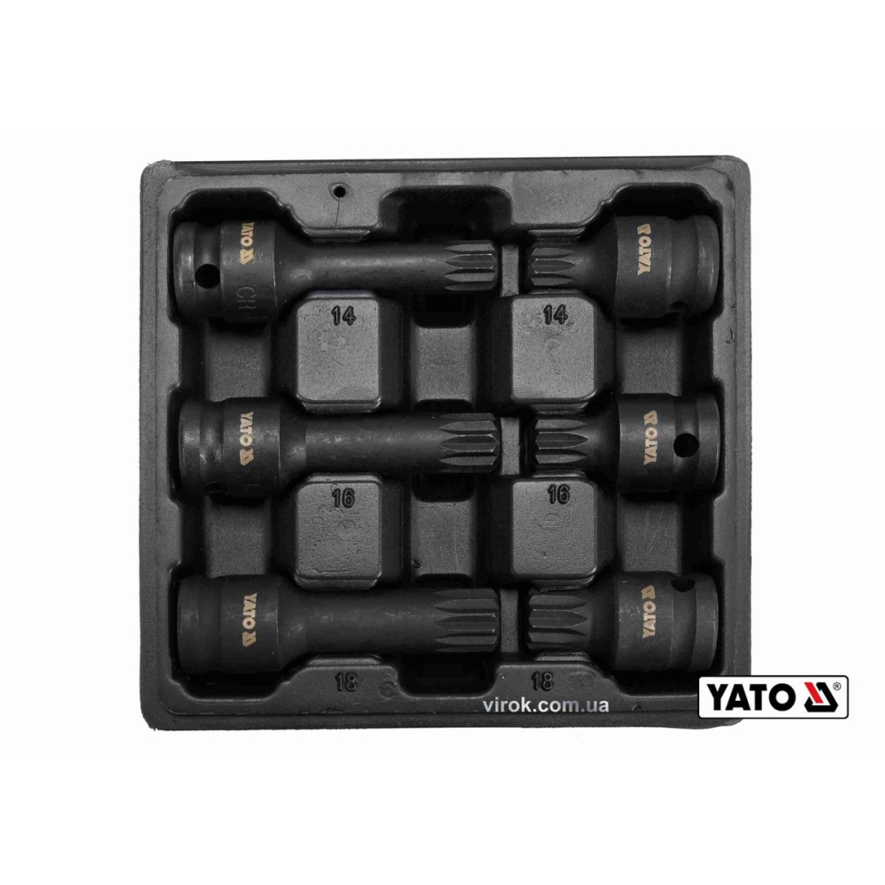 Набір насадок викруткових ударних YATO: SPLINE M14 M16 M18 квадрат 1/2". L= 43/78мм CrMo, 6 Од. [20]