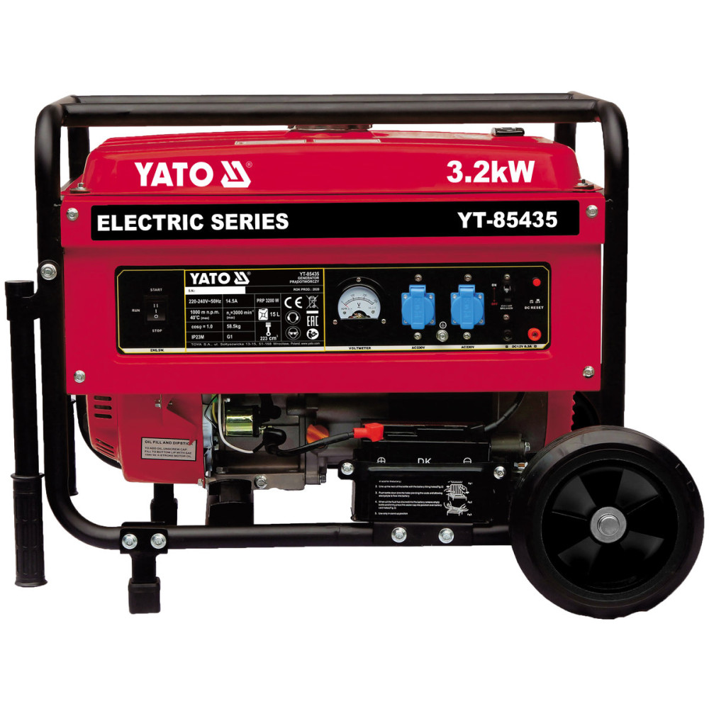 Генератор струму бензиновий YATO: P= 3.2 кВт, U= 230V AC і 12V DC, витрата- 1.45 л/г, бак- 15 л YT-85435