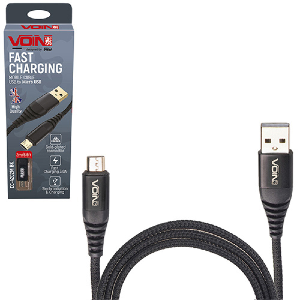 Кабель  VOIN CC-4201M BK, USB - Micro USB 3А, 1m, black (быстрая зарядка/передача данных)