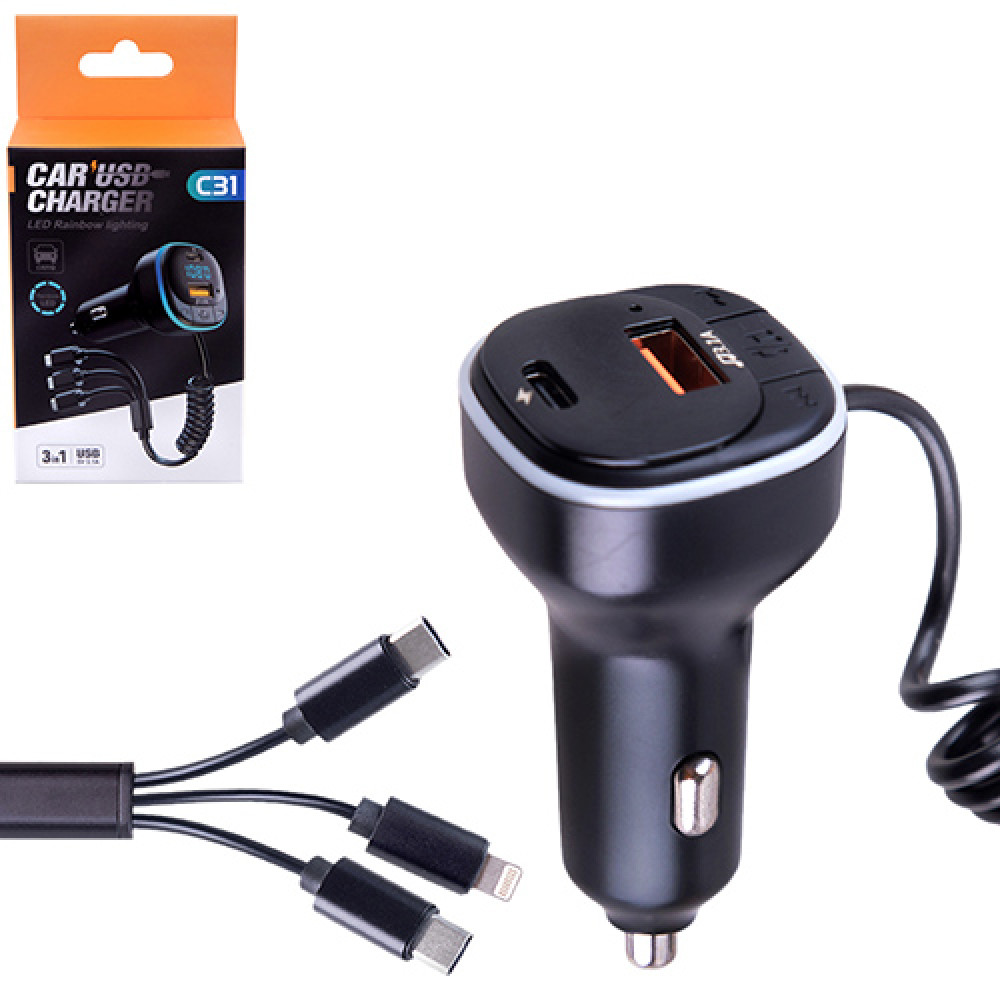 Модулятор FM 5в1 C31 12-24v USB 5V-3.1A Type C 5V-3.1A 3in1 charging cable BT5.0 RGB-ambient light
