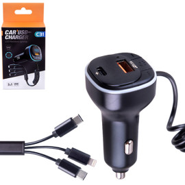 Модулятор FM 5в1 C31 12-24v USB 5V-3.1A Type C 5V-3.1A 3in1 charging cable BT5.0 RGB-ambient light