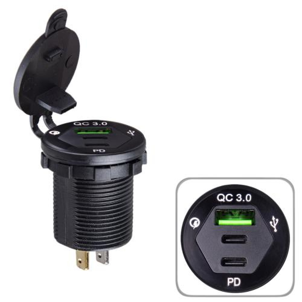 Автомобильное зарядное устройство USB 5-12V3.0A + 2 TYPE-C+PD 12-24V врезное в планку (59874 USB-12-24V 3.0A GREEN)