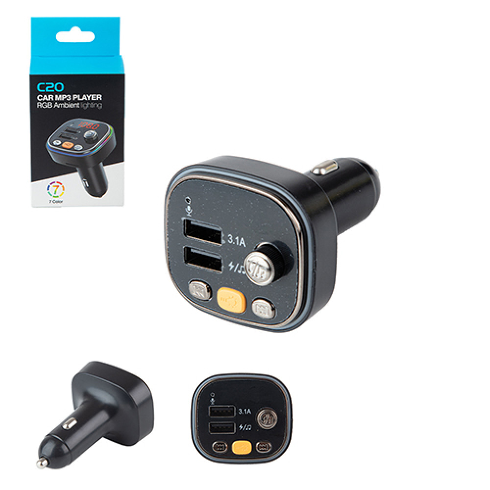 Модулятор FM 5в1 C20 12-24v 2USB 5V-3.1A Type C 5V-3.1A TF card BT5.0 RGB-ambient light