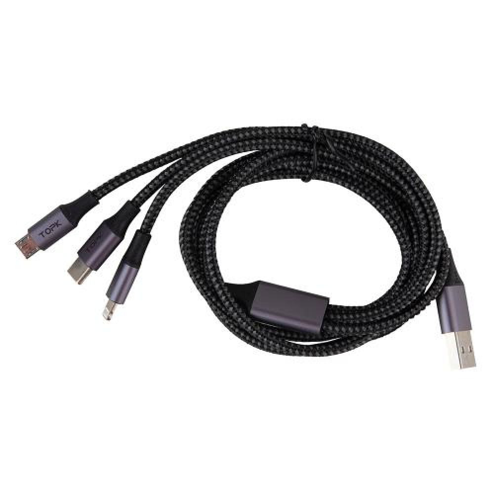 Кабель TOPK 3 в 1 USB - Micro USB/Apple/Type C/ 3A (Grey)