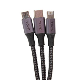 Кабель TOPK 3 в 1 USB - Micro USB/Apple/Type C/ 3A (Grey)