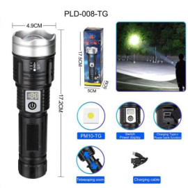 Фонарь PLD-008 WHITE LASER LED PM10-TG, Li-Ion аккум., power bank, индикация заряда, ЗУ Type-C, zoom, Box