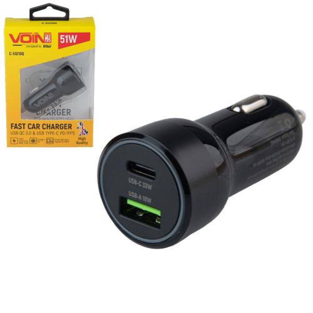 Автомобильное зарядное устройство VOIN 51W, 1USB QC3.0 18W + 1PD 33W, 12/24V