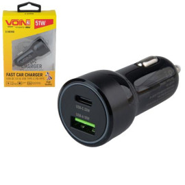Автомобильное зарядное устройство VOIN 51W, 1USB QC3.0 18W + 1PD 33W, 12/24V