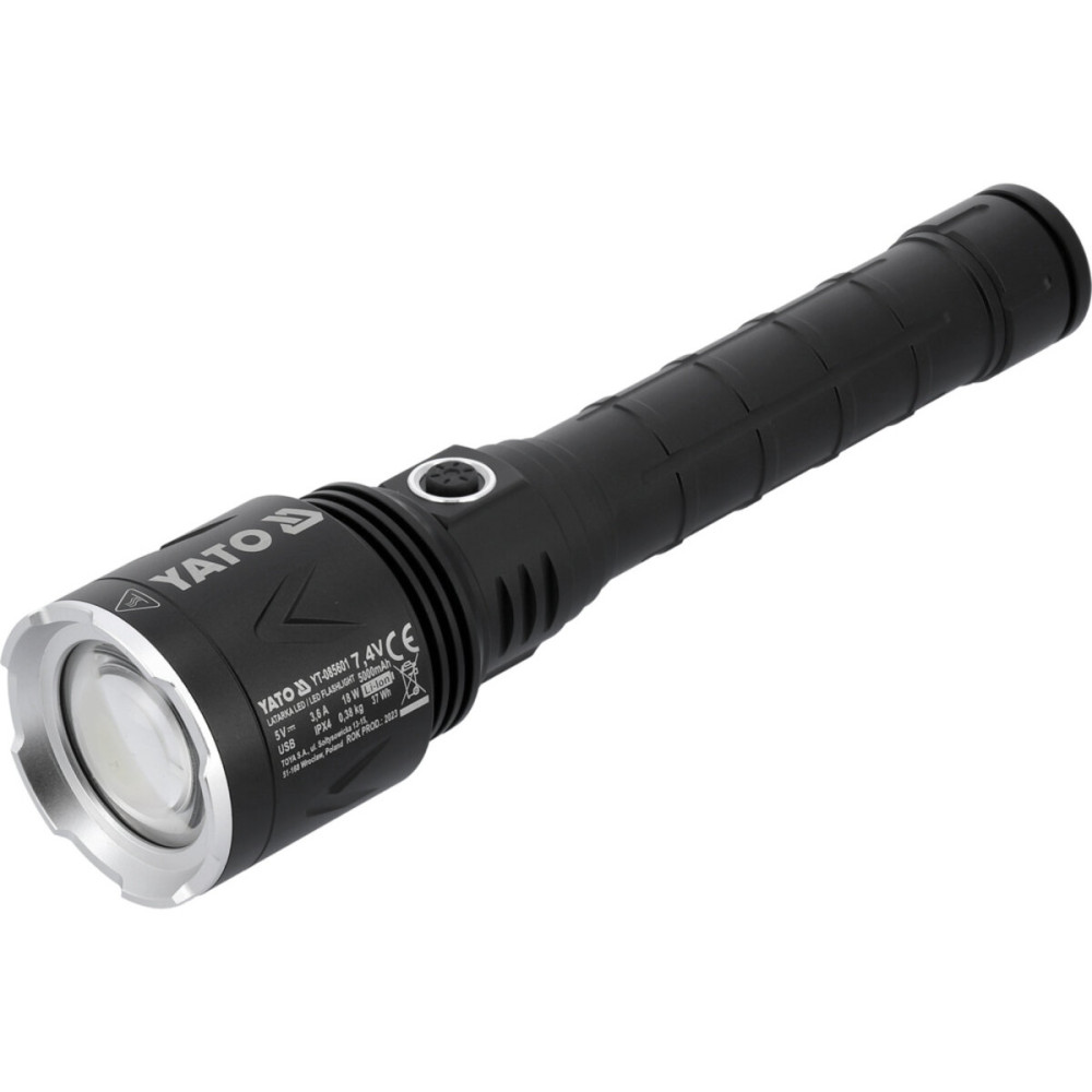 Ліхтар LED-діодний акумул. YATO Li-Ion 7.4 В, 5 АГод, режими 8000/4500/1150 Lm, заряджання від USB YT-085601