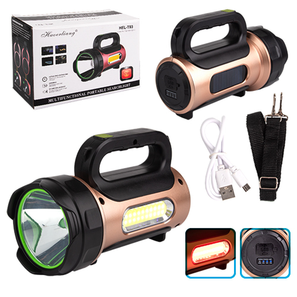Фонарь переносной T93-LED+COB(white+red), power bank, Li-Ion аккум., солнечная батарея, ЗУ microUSB, Box
