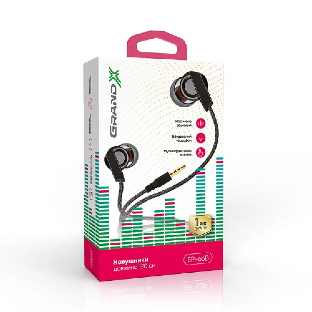 Наушники вакуумные с микрофоном Grand-X EP-66B Black
