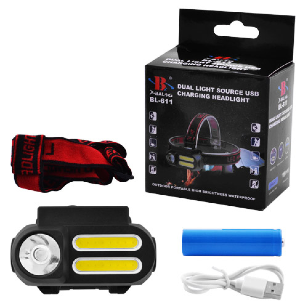 Фонарь налобный NF-1804/611-1LM+2COB, 1x18650, ЗУ microUSB